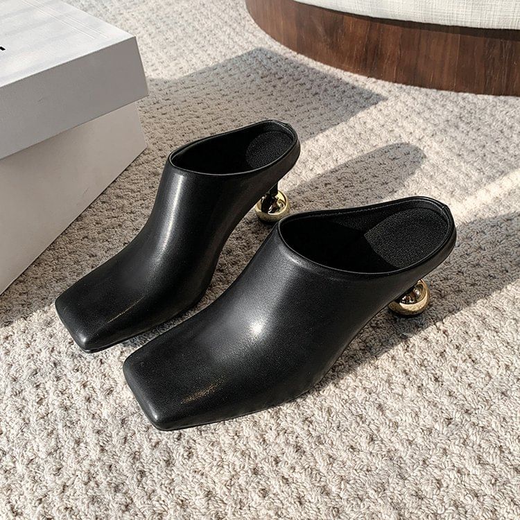 High Heel Square Toe Plain Faux Leather Mules