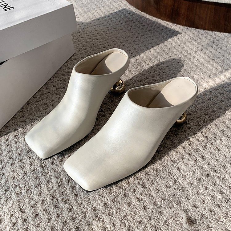 High Heel Square Toe Plain Faux Leather Mules