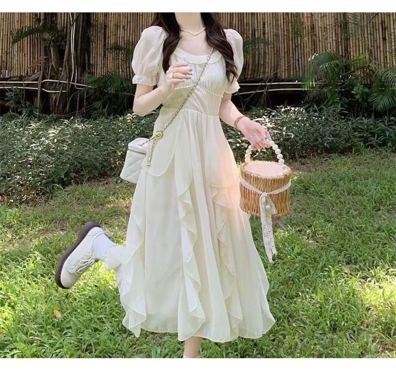 Short Sleeve Scoop Neck Plain Maxi A-Line Dress