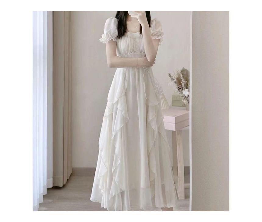 Short Sleeve Scoop Neck Plain Maxi A-Line Dress