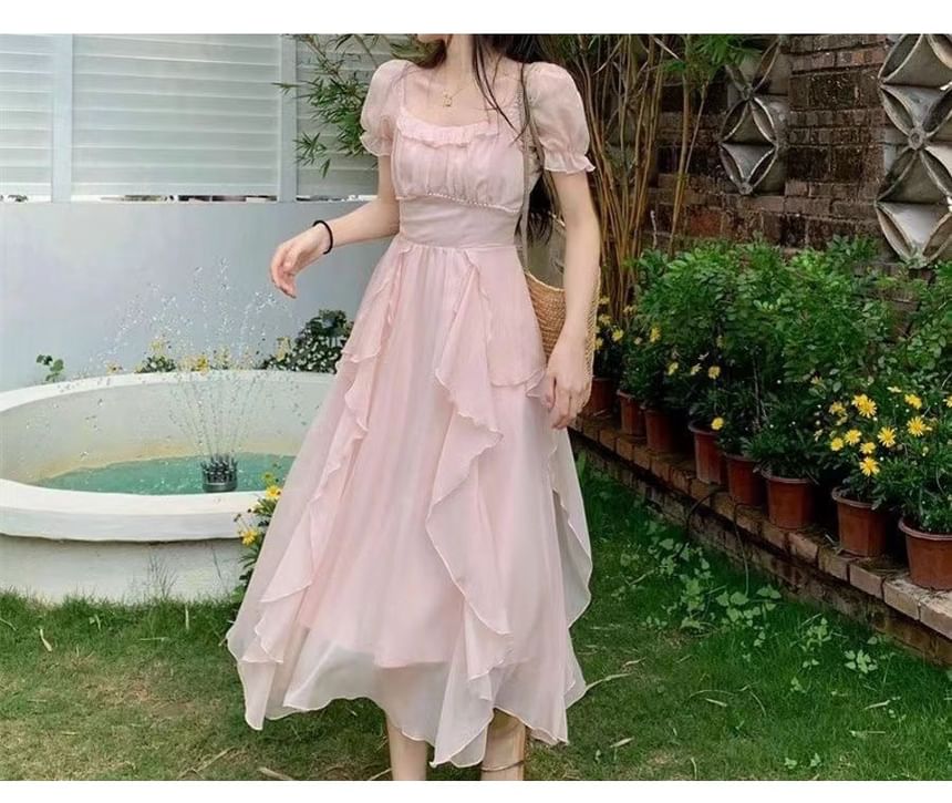 Short Sleeve Scoop Neck Plain Maxi A-Line Dress