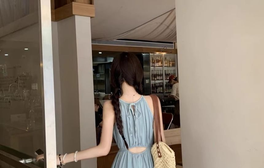 Sleeveless Crewneck Plain Maxi A-Line Dress