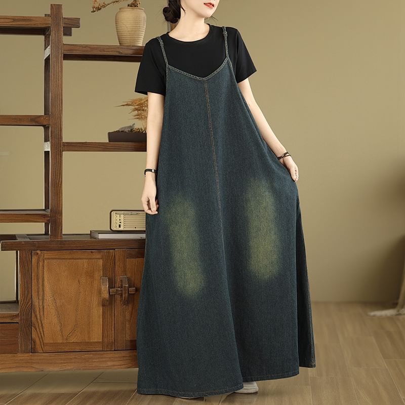 Washed Denim Spaghetti Strap V-Neck A-Line Maxi