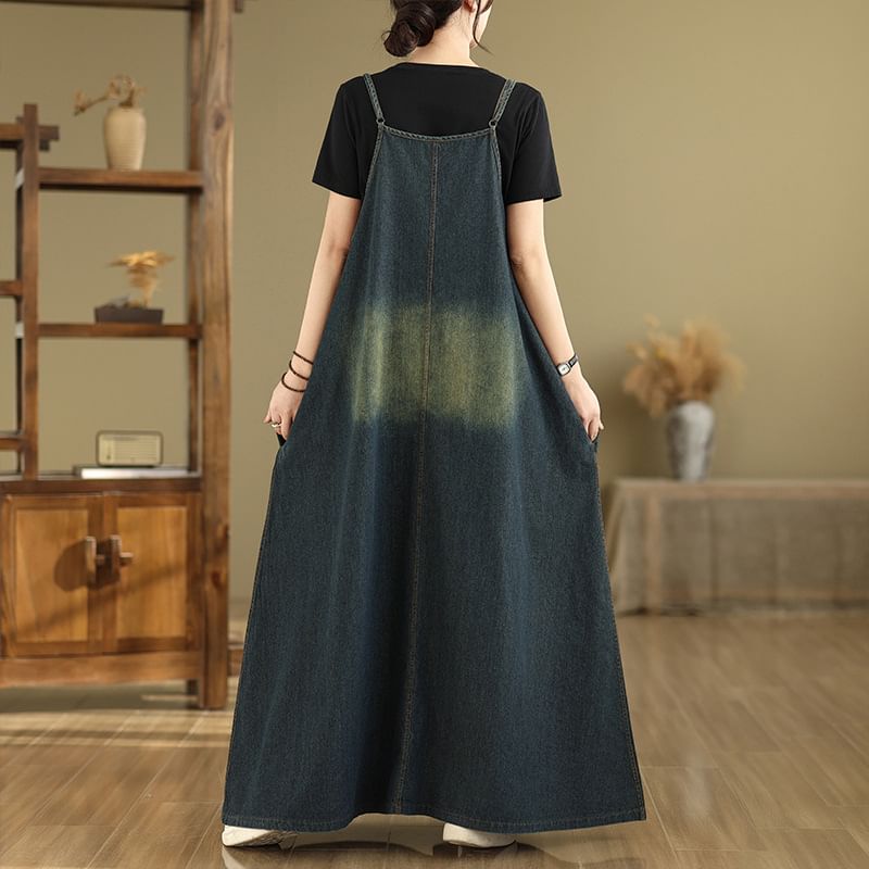 Washed Denim Spaghetti Strap V-Neck A-Line Maxi