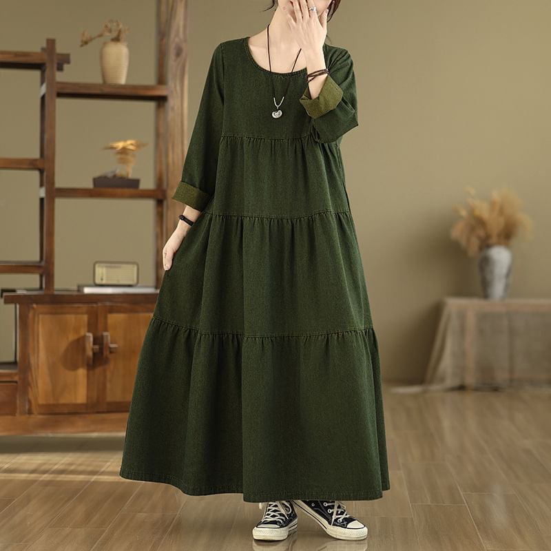 U-Neck Long Sleeve A-Line Maxi Dress