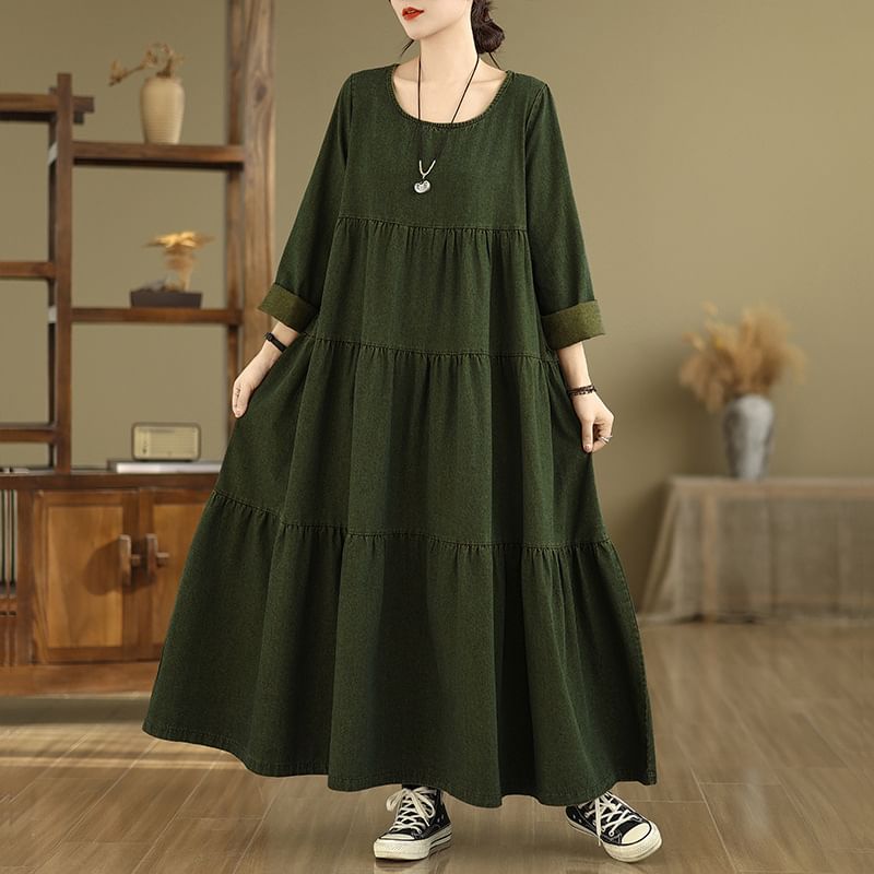 U-Neck Long Sleeve A-Line Maxi Dress