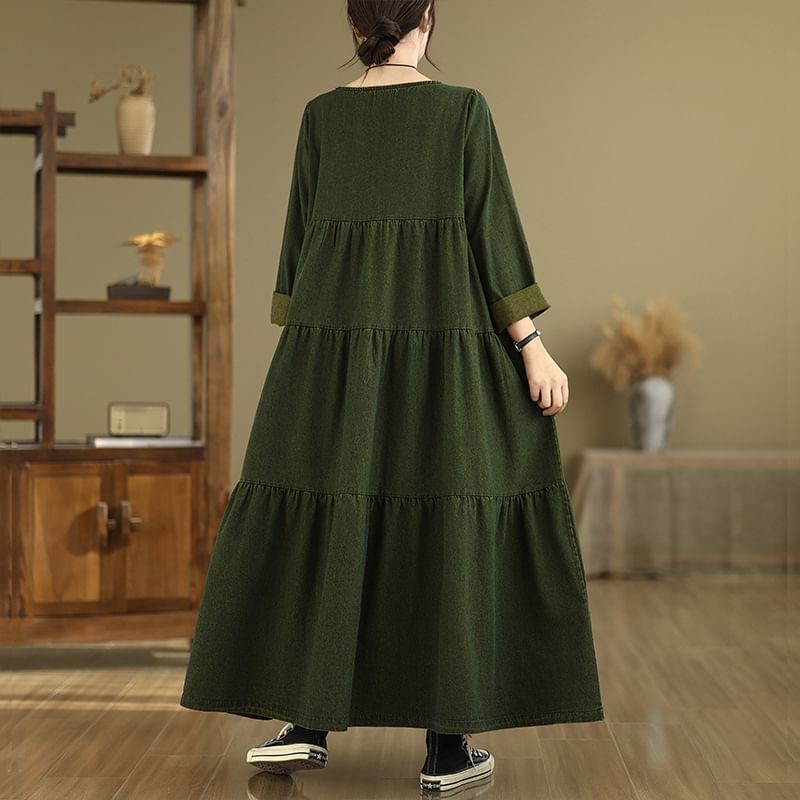 U-Neck Long Sleeve A-Line Maxi Dress