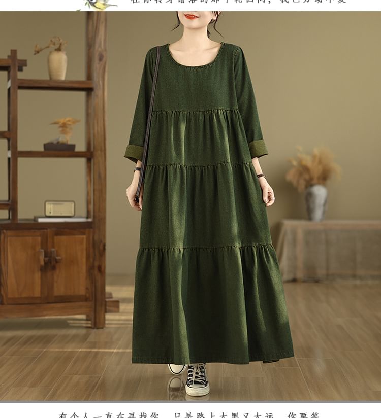U-Neck Long Sleeve A-Line Maxi Dress