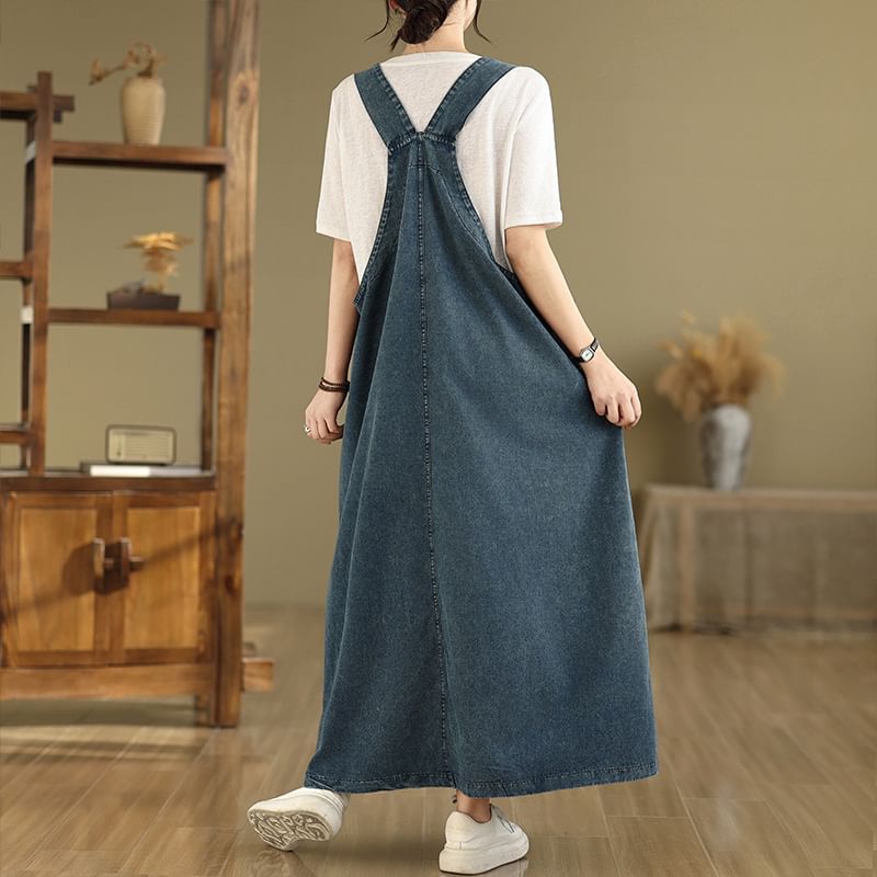 Denim V-Neck Sleeveless A-Line Maxi Dress