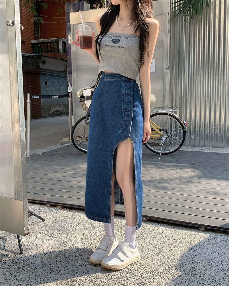 Denim Washed Skirt Midi High Asymmetrical Rise Pencil