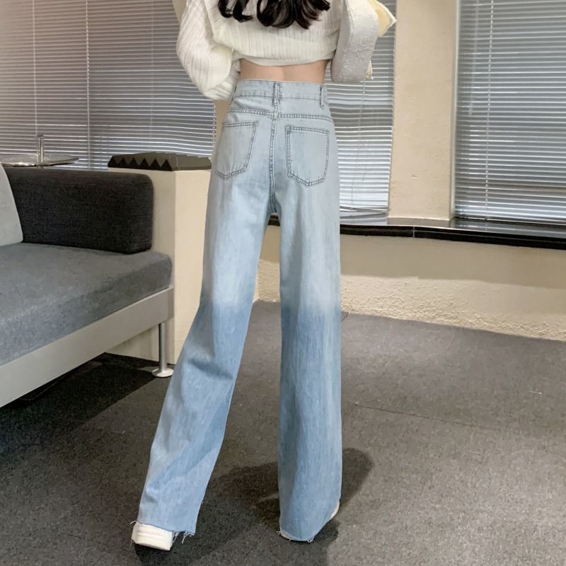 Wide Leg Distressed Gradient Washed Waist High Jeans