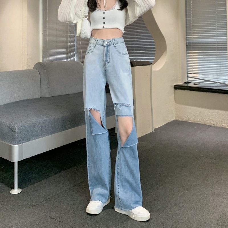 Wide Leg Distressed Gradient Washed Waist High Jeans