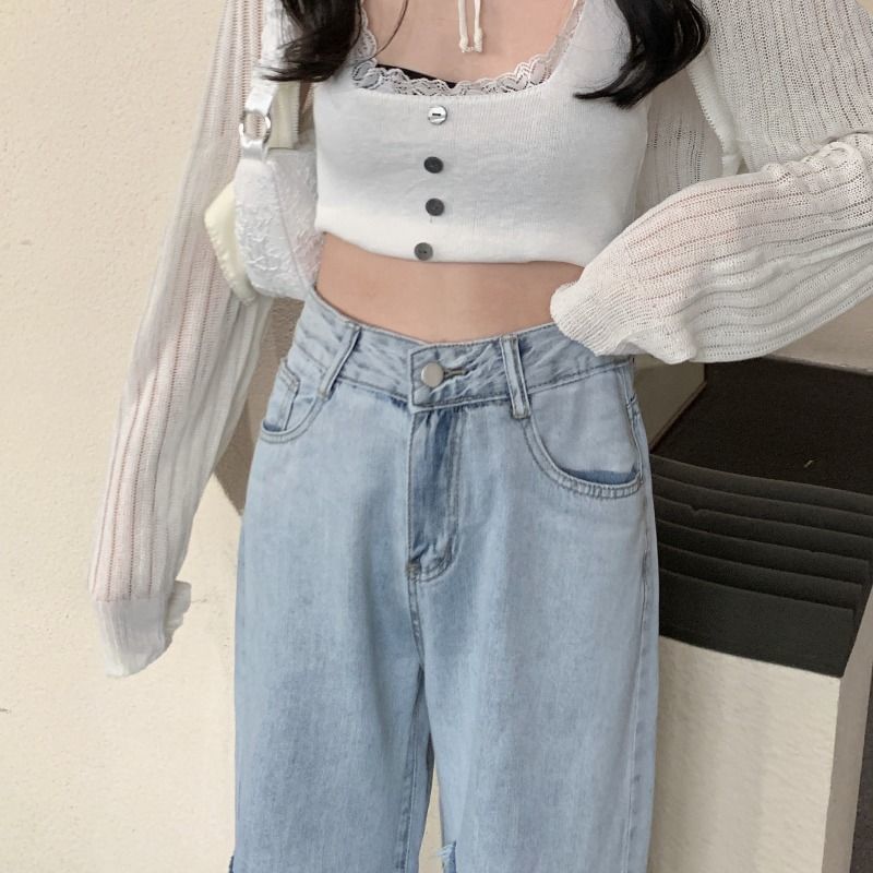 Wide Leg Distressed Gradient Washed Waist High Jeans