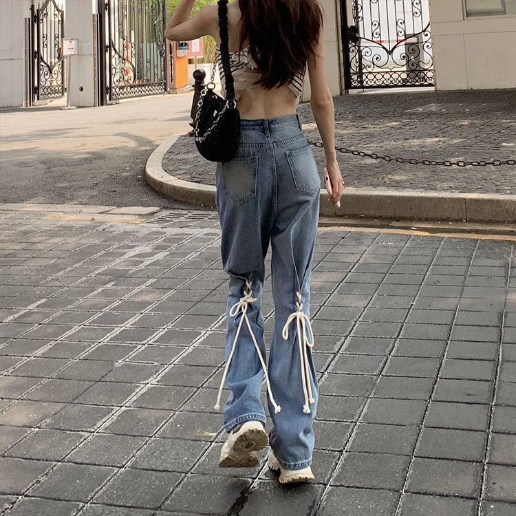 Washed High Lace Jeans Rise Up Flared