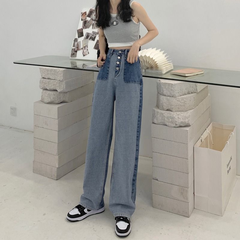 Wide Waist High Leg Panel Washed Jeans