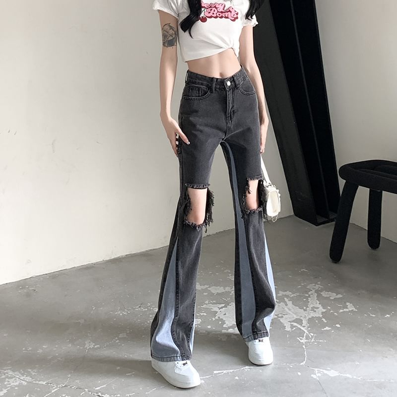 Waist Jeans Distressed Washed Panel Flared High