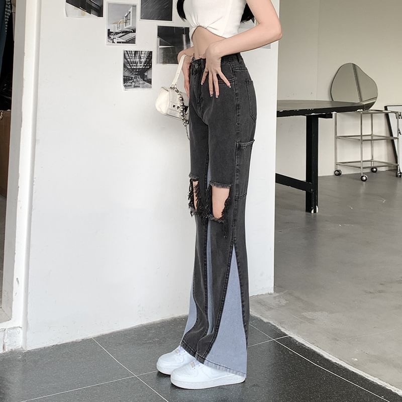 Waist Jeans Distressed Washed Panel Flared High