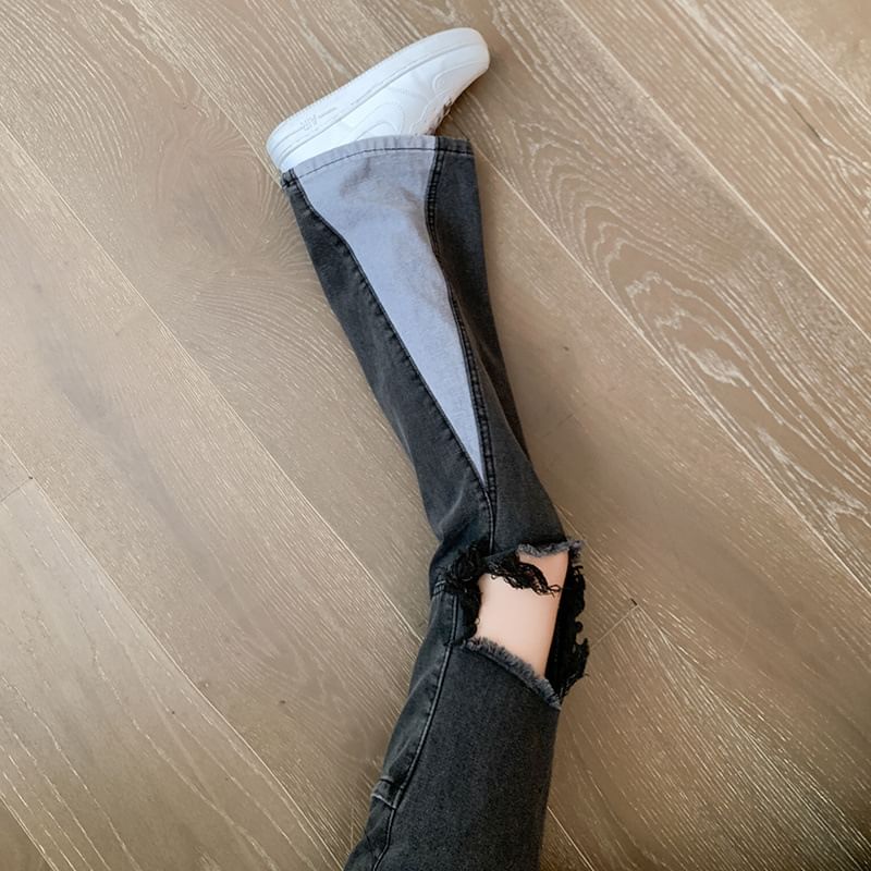 Waist Jeans Distressed Washed Panel Flared High