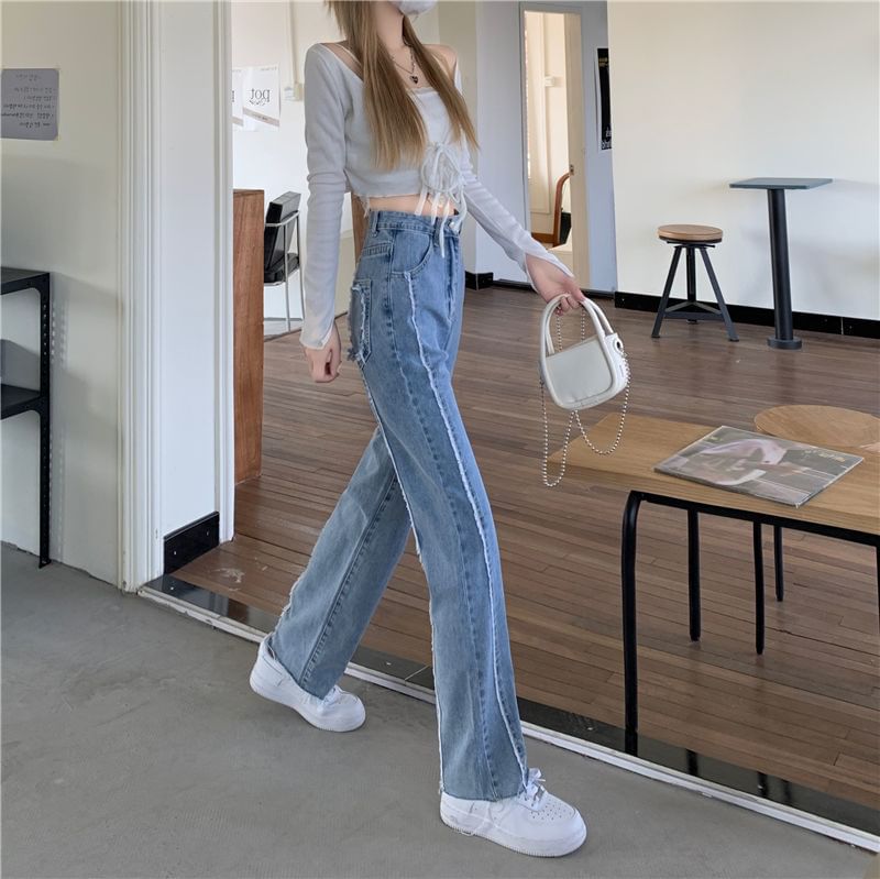 Jeans Washed Fray Panel Rise Leg High Wide