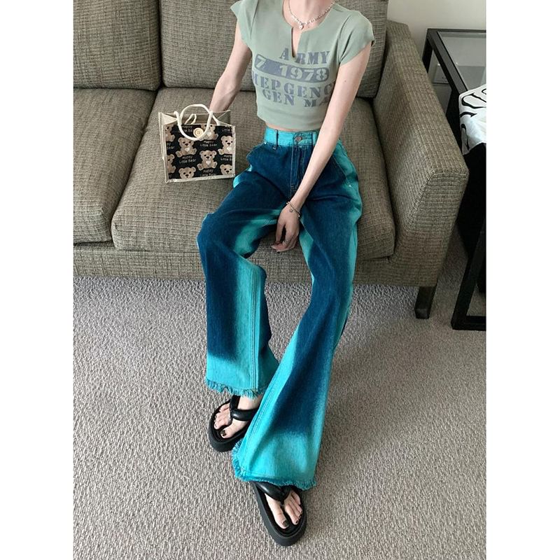 Rise Jeans Leg Washed Wide High Fray