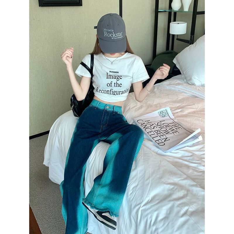 Rise Jeans Leg Washed Wide High Fray