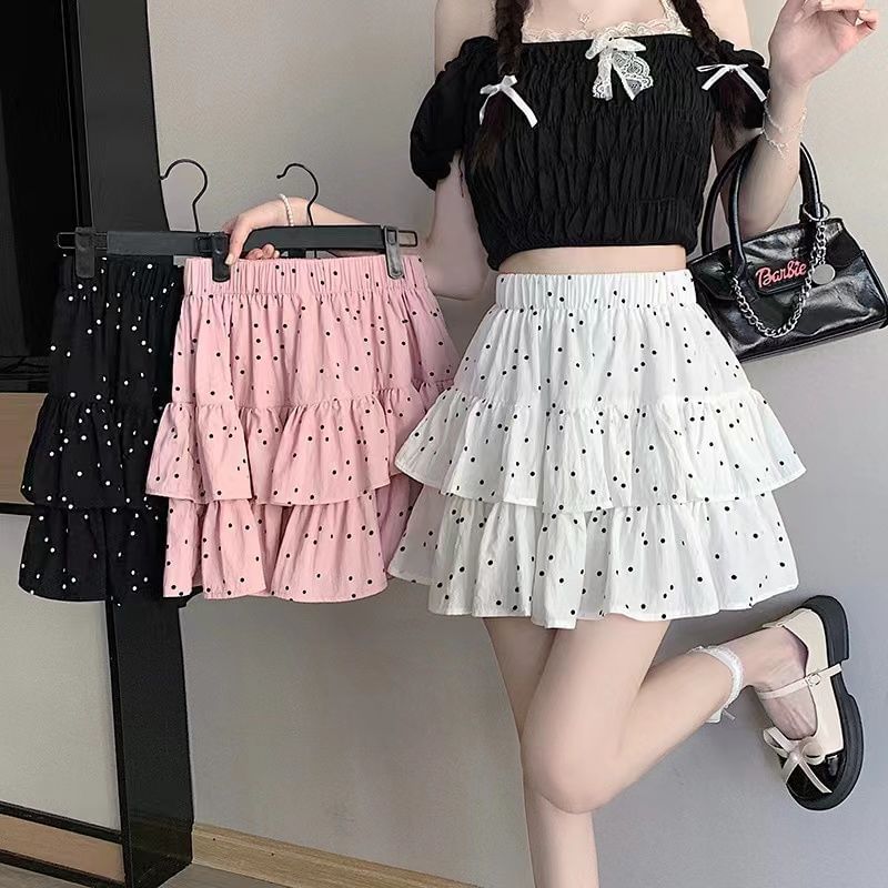 Dotted Mini Skirt Elastic Ruffle A-Line Waist