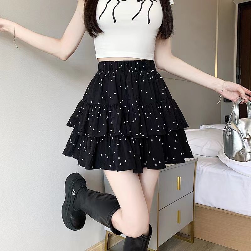 Dotted Mini Skirt Elastic Ruffle A-Line Waist