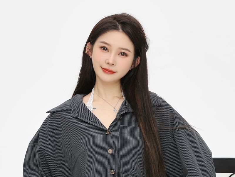 Trim Oversized Camisole Pocket Shirt Front / Long-Sleeve Top Striped Lace Plain