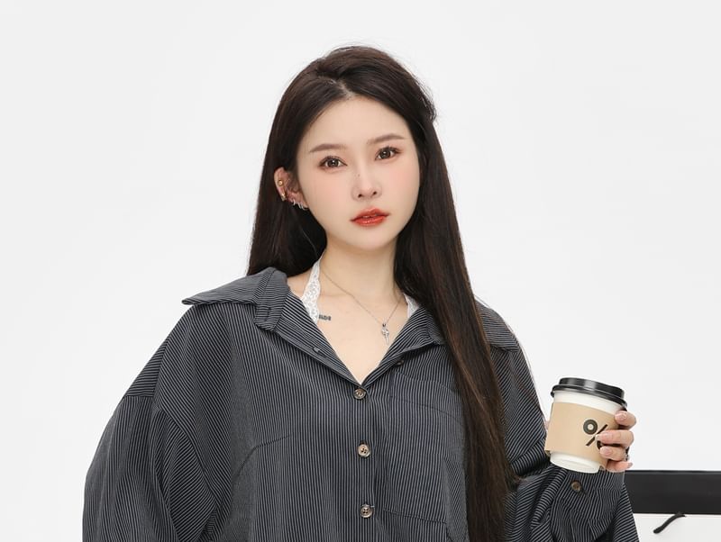 Trim Oversized Camisole Pocket Shirt Front / Long-Sleeve Top Striped Lace Plain