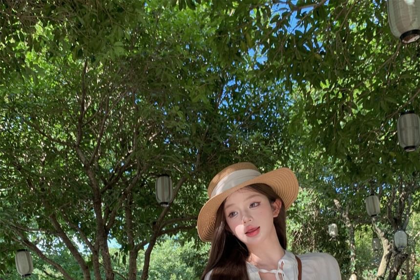 Waist High / Shorts Ruffle Plain Puff-Sleeve Shirt Lace-Up