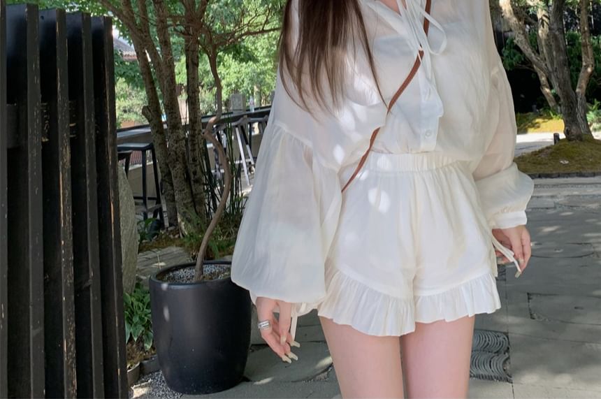 Waist High / Shorts Ruffle Plain Puff-Sleeve Shirt Lace-Up