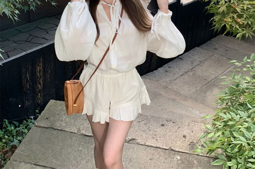 Waist High / Shorts Ruffle Plain Puff-Sleeve Shirt Lace-Up