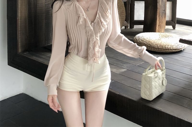 V-Neck Trim Blouse Puff-Sleeve Plain Ruffle Lace