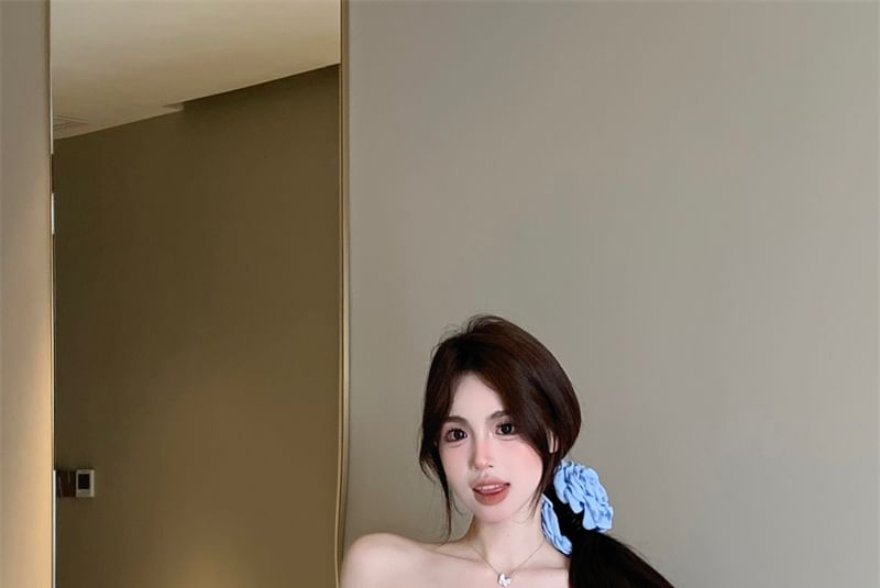 Ruffle Blouse Plain Puff-Sleeve Rhinestone Off-Shoulder