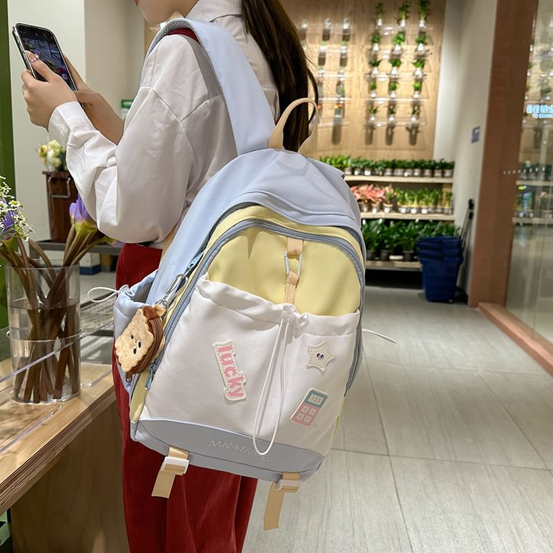 Letter Color Block Embroidered Backpack Drawstring