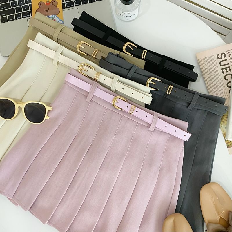Pleated Mini Flared Skirt with Belt and High Waist