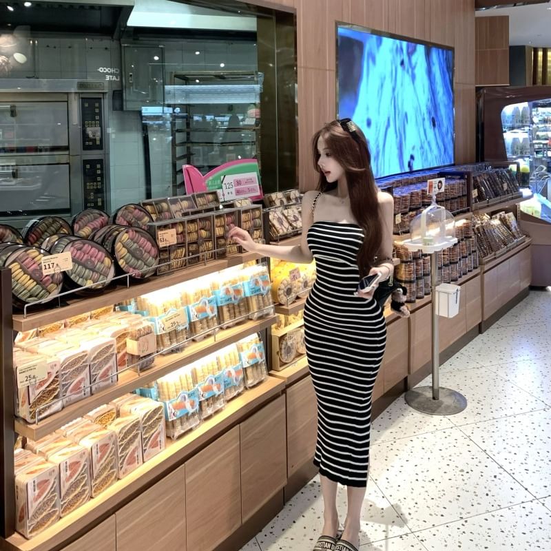 Sheath Dress Striped Midi Tube