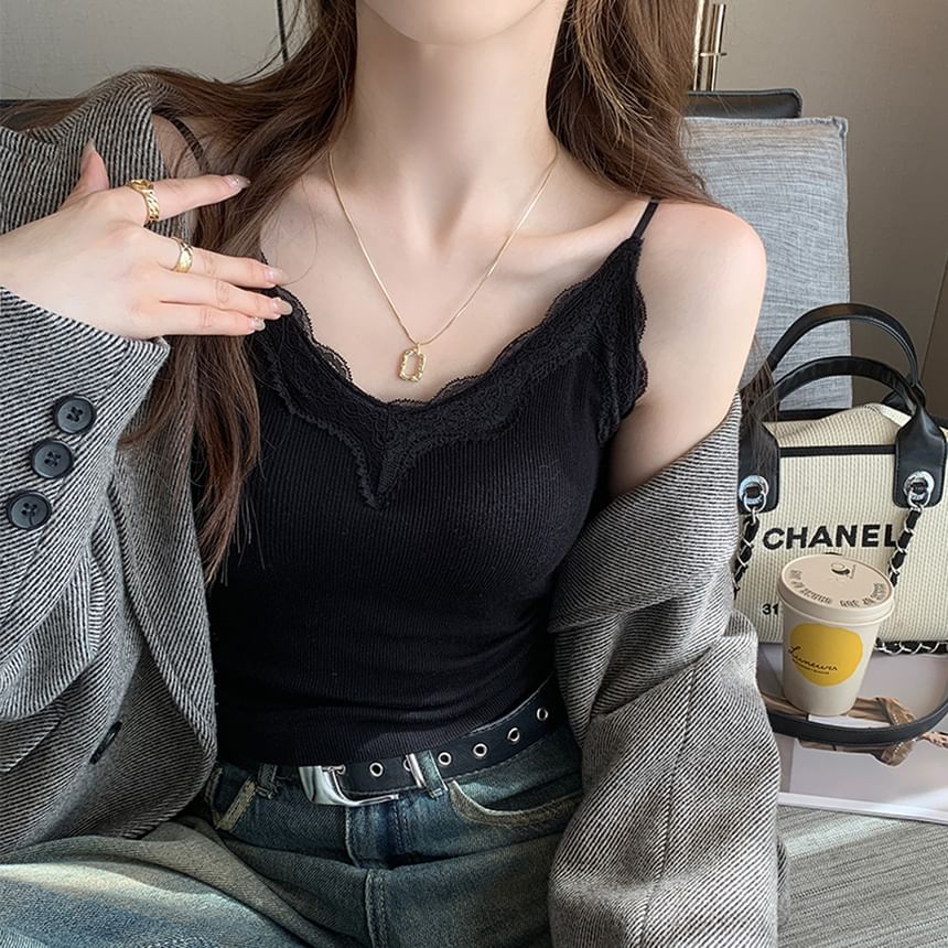 Ribbed Top Lace Plain Camisole Padded Trim