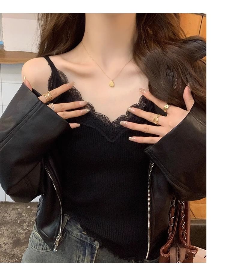 Ribbed Top Lace Plain Camisole Padded Trim