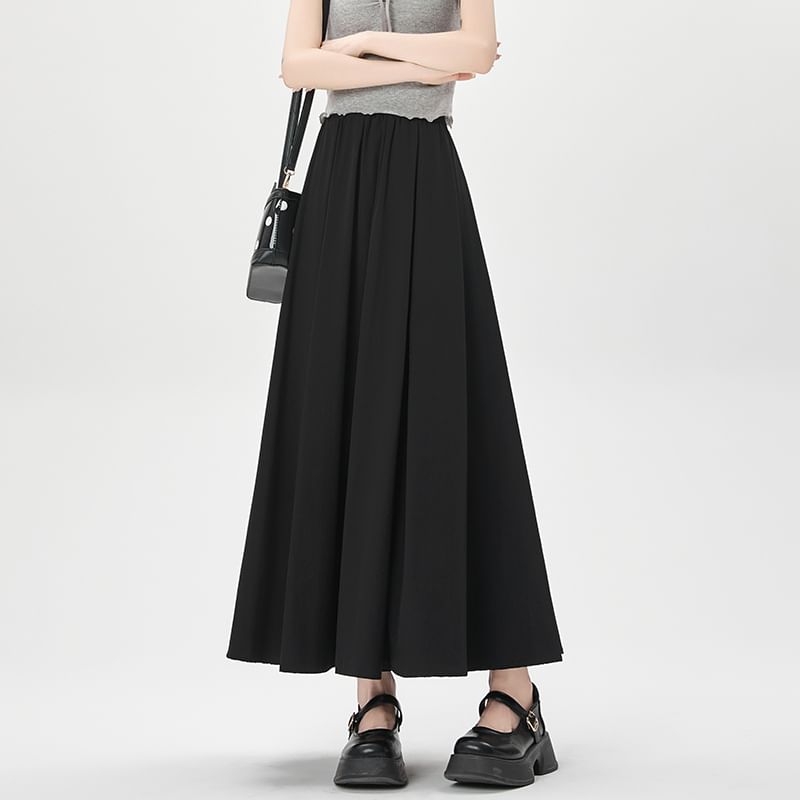 Plain Midi Pleated Waist High A-Line Skirt