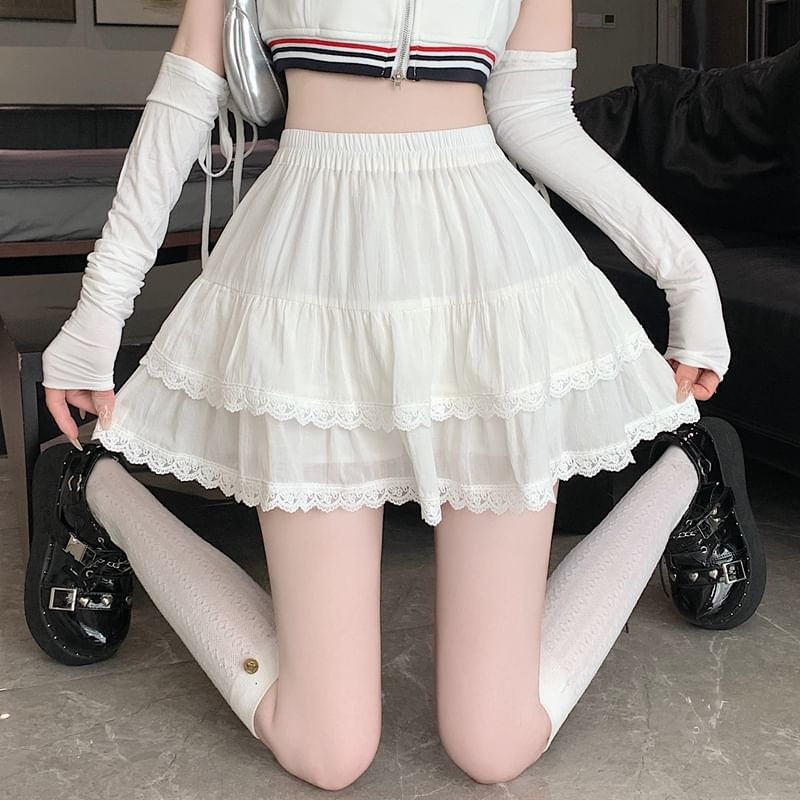 Elastic A-Line Balletcore Tiered Plain Lace Skirt Trim Waist Mini