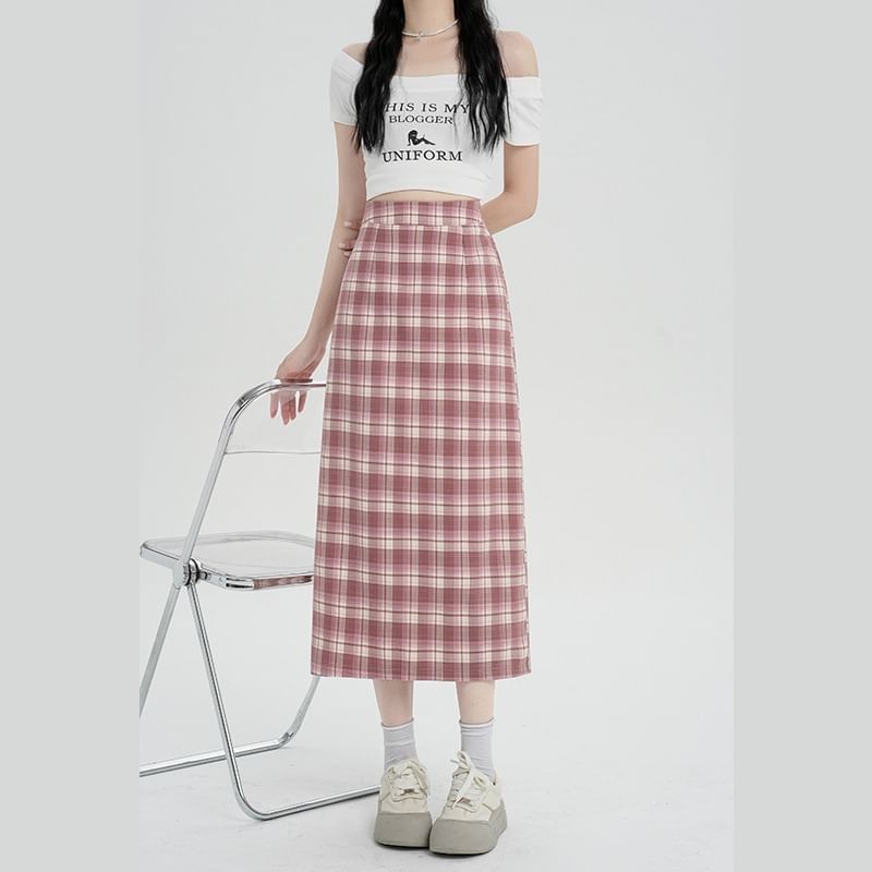 Plaid H-Line High Slit Skirt Midi Waist