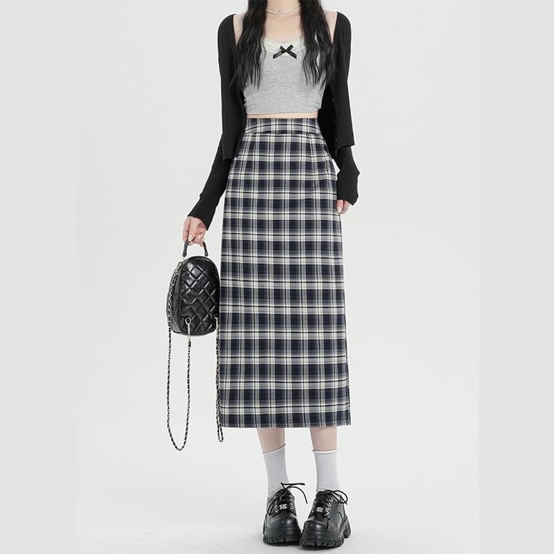 Plaid H-Line High Slit Skirt Midi Waist