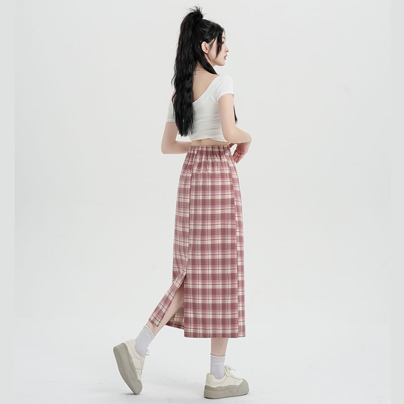 Plaid H-Line High Slit Skirt Midi Waist