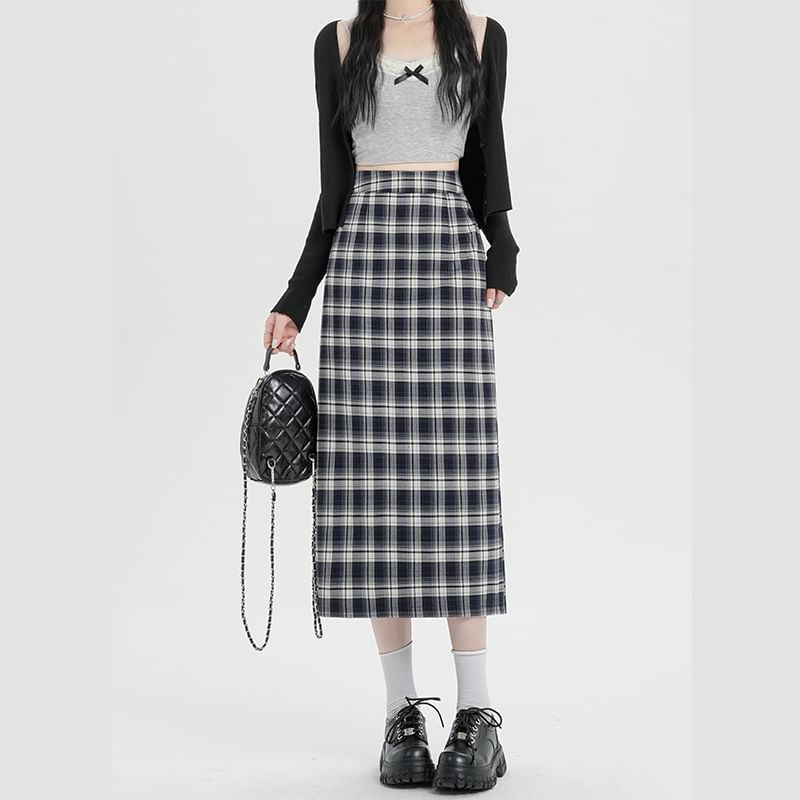 Slit Plaid Straight Midi Skirt with High Waist