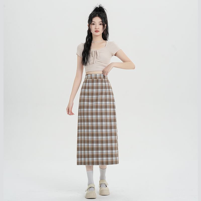 Plaid H-Line High Slit Skirt Midi Waist