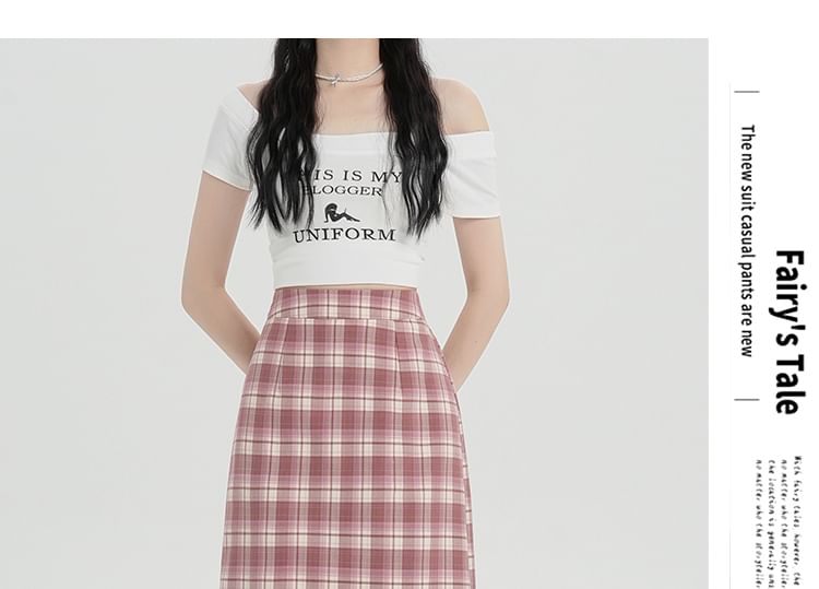 Plaid H-Line High Slit Skirt Midi Waist