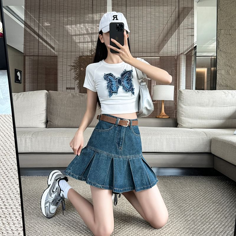 Pleated High A-Line Skirt Mini Denim Rise