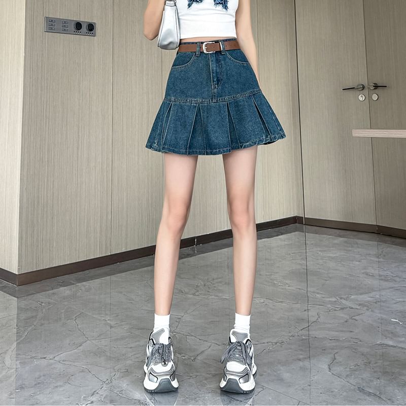 Pleated High A-Line Skirt Mini Denim Rise