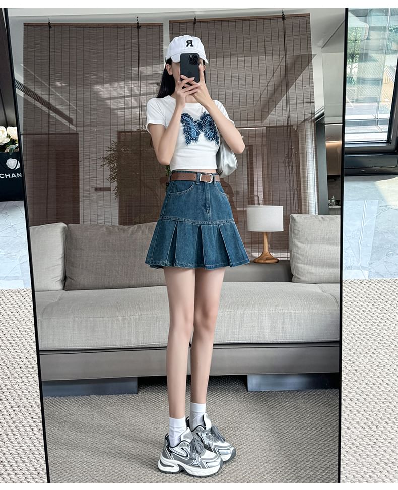 Pleated Denim Mini A-Line Skirt with High Rise